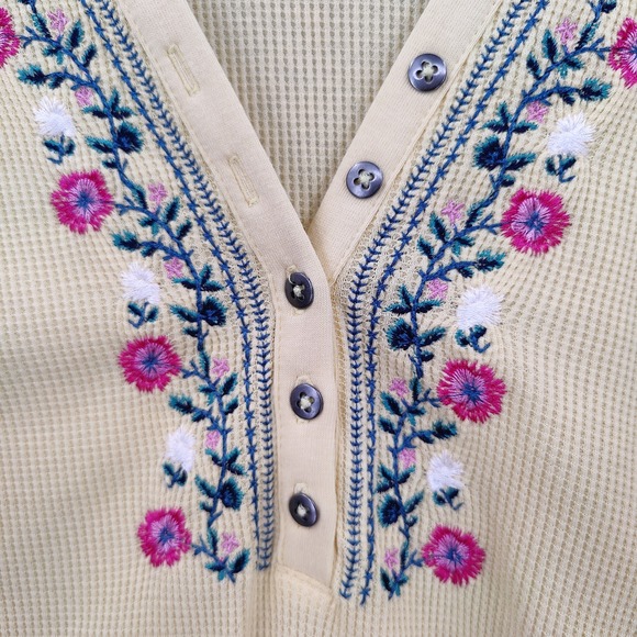 Woman Within Women Cottagecore Boho Embroidered Henley Top 3X Yellow Waffle Knit - Picture 7 of 16